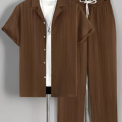 2pcs Men'S Casual Summer Set - Short Sleeve Button-Up Cuban Collar Shirt and Drawstring Waist Pants, Polyester Blend, Solid Color, Regular Fit, Breathable Fabric, Lightweight for Daily Wear