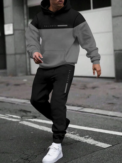Men'S Fall/Winter Casual Polyester Sweatsuit Set - Long Sleeve Hooded Top with Letter Print & Patchwork Design, Regular Fit Drawstring Joggers, Knit Fabric, Slight Stretch