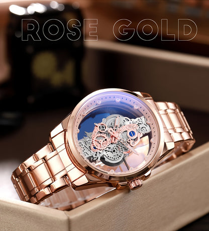 TPW Men's Rose Golden Skeleton Luminous Quartz Watch - Glamorous Luxury Wristwatch with Exposed Movement, Comfortable Metal Band, Father's Day Gift for Him, Luxury Men's Watch | Romantic Watch Design | Rose Golden Finish
