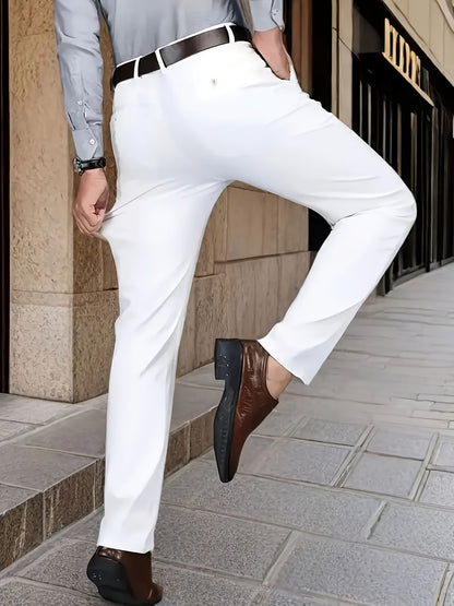 Men's Classic Business Dress Pants, Solid Color Casual Trousers, 100% Polyester, Regular Fit, with Zipper Fly, for Daily Wear and Gifting, All-Season, Allseason Trousers | Notch Lapel Design | Polyester Trousers