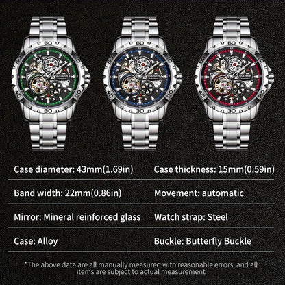 GLENAW Men's Automatic Skeleton Watch - Self-Winding Mechanical Watch with Flywheel Rotation, Transparent dial, Date Display, Stainless Steel Band - No Battery Needed, Wristwatch for Everyday & Formal Events - Ideal Gift for