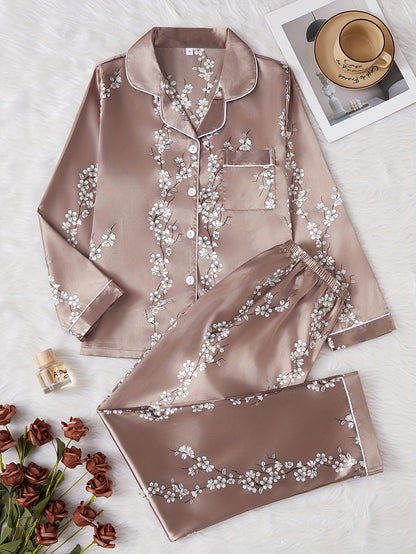 Women'S Vintage Elegant Floral Print Satin Pajama Set, Long Sleeve Top and Pants, Polyester 97% Elastane 3%, Lapel Collar, Woven, 90gsm, Fall/Winter Sleepwear