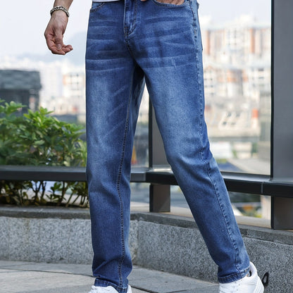 Men's Solid Skinny Cotton Blend Denim Jeans, All Seasons Wearable Medium Stretch Washed Jeans, Suitable For Daily And Outing Wear