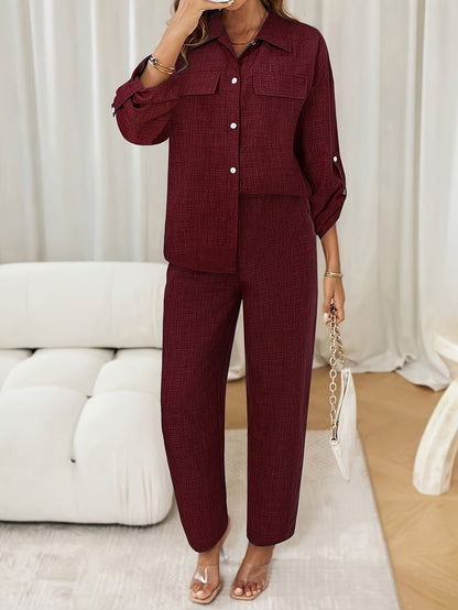 Elegant Women's Two-Piece Outfit: Solid Color Button-Up Shirt & Wide-Leg Pants Set - Polyester, Machine Washable - Perfect for Spring/Fall