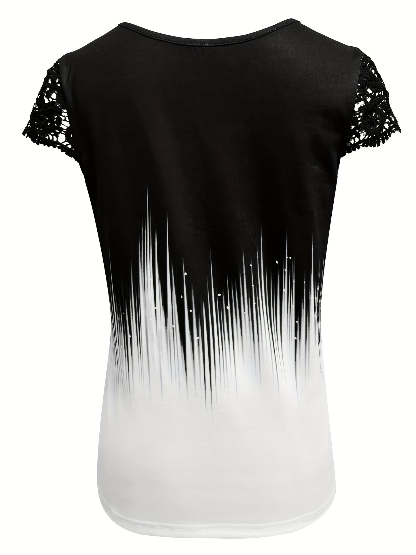Women's Summer V-Neck Contrast Color-Block Button-Front T-Shirt with Lace Sleeve Accents - Casual Short Sleeve Top, Regular Fit, Machine Washable, Elegant Contrast Design for Casual & Dressy Outfits