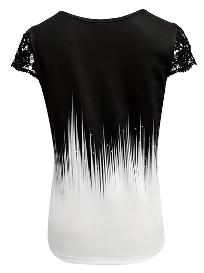 Women's Summer V-Neck Contrast Color-Block Button-Front T-Shirt with Lace Sleeve Accents - Casual Short Sleeve Top, Regular Fit, Machine Washable, Elegant Contrast Design for Casual & Dressy Outfits