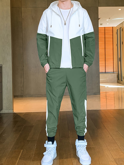 Men'S Casual Color Block Hoodie and Jogger Set, Long Sleeve, Regular Fit with Pockets, Suitable for Autumn and Winter