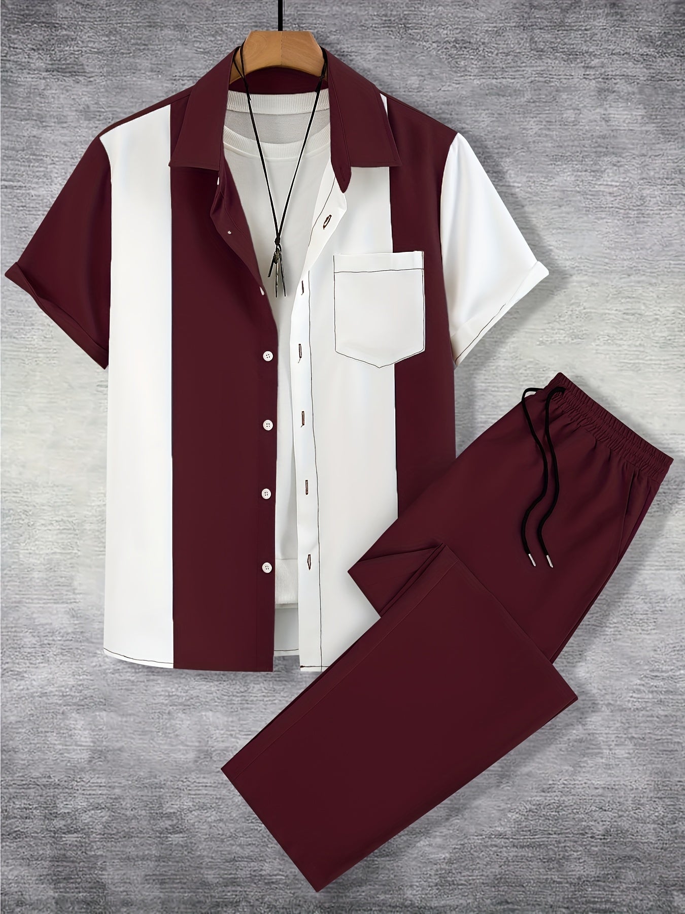 Men'S Casual Two-Piece Spring/Summer Color Block Short Sleeve Shirt and Pants Set - Polyester, Regular Fit, Button-Up with Pocket, No Belt, All-Season Wear, Casual Attire|Casual Style|Polyester Fabric