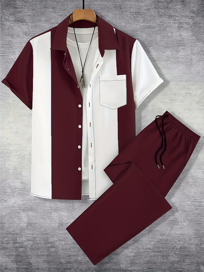 Men'S Casual Two-Piece Spring/Summer Color Block Short Sleeve Shirt and Pants Set - Polyester, Regular Fit, Button-Up with Pocket, No Belt, All-Season Wear, Casual Attire|Casual Style|Polyester Fabric