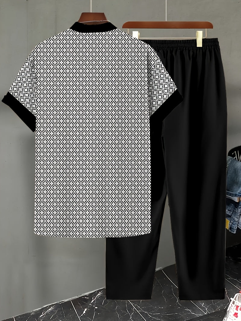 2pcs printed Men's summer short-sleeved button-up shirt and trousers suit
