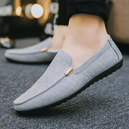 Canvas Loafers - Slip-On Shoe Style with Golden Emblem, Comfortable Non-Slip Sole, Suitable for Driving & Daily Office Use
