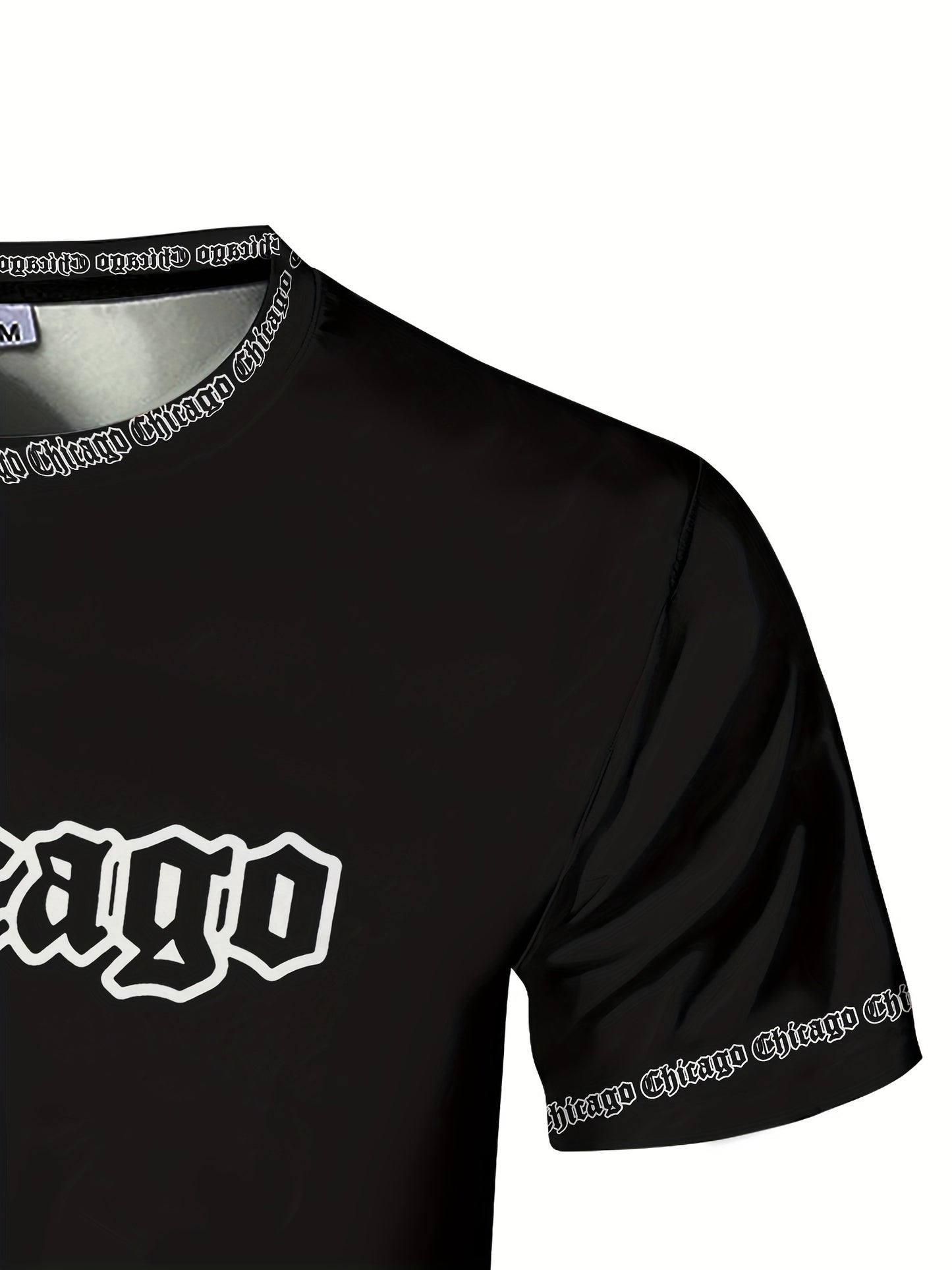 Men'S Chicago Print T-Shirt, Polyester-Spandex Blend, Crew Neck, Short Sleeve, Geometric Pattern, High Stretch, Tear Resistant, Sports & Casual Style, Summer Fit Top for Training, Yoga, Hiking & Festive Occasions