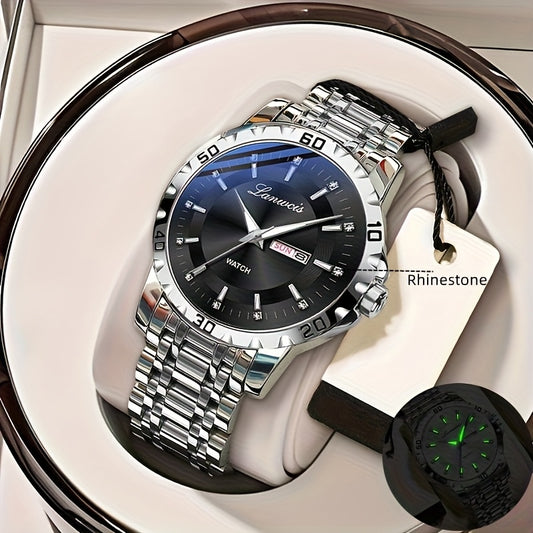 1pc Men's Business Style Stainless Steel Strap Watch - IPX7 Waterproof, Luminous Hands & Dial, Calendar & Week Display, Quartz Movement, Travel Leisure Sports Watch with Gift Box, Luxury Wristwatch | Sleek Metallic Finish | D