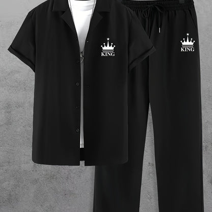Men'S Casual Summer Crown Print Short Sleeve Button-Up Shirt & Pants Set - Black, Relaxed Fit, Non-Stretch Fabric, Lapel Collar, Stylish for Casual Attire, Casual Attire|Crown Print Design|Relaxed Fit Pants, Crown Shirt