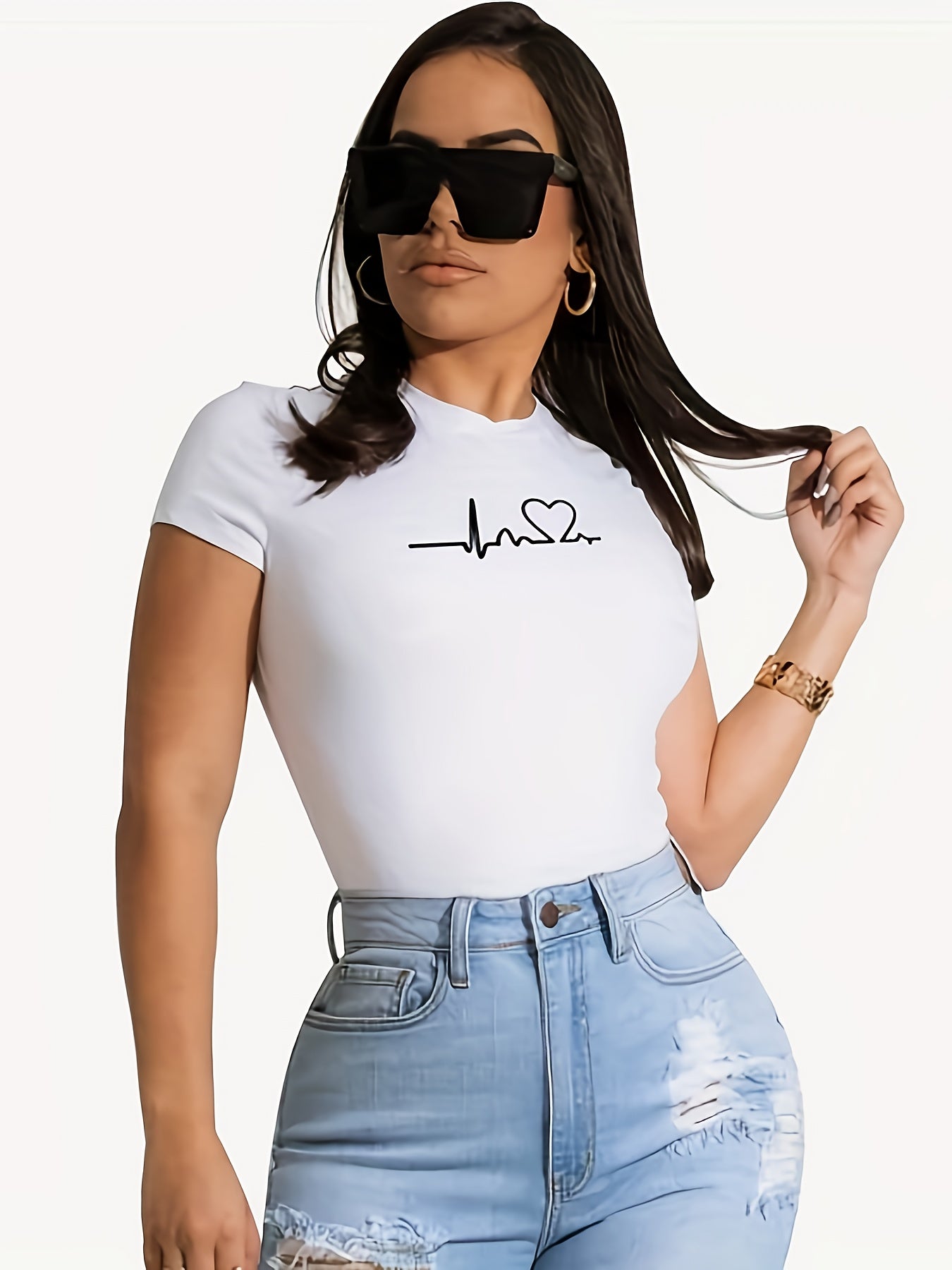 Women'S Stylish Heart Print T-Shirt - Short Sleeve, Round Neck, Polyester Blend, Casual Summer Top with Frayed Denim Shorts, Casual Attire|Playful Print Top|Stretchy Fabric