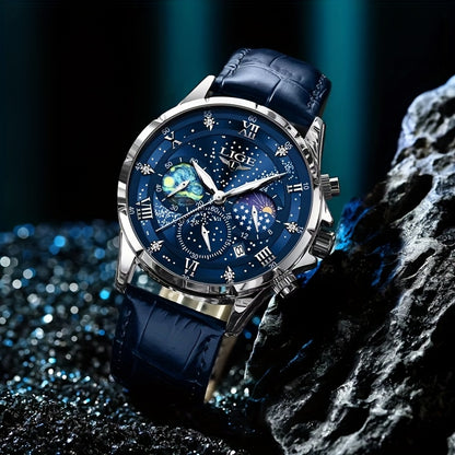 LIGE Luxury Quartz Chronograph Watch with Luminous Hands - Elegant Round Alloy Case, Blue Dial with Roman Numerals, Starry Night Design, Button Battery, Faux Leather Strap, Stylish Accessory|Starry Night Design|Luminous Hands