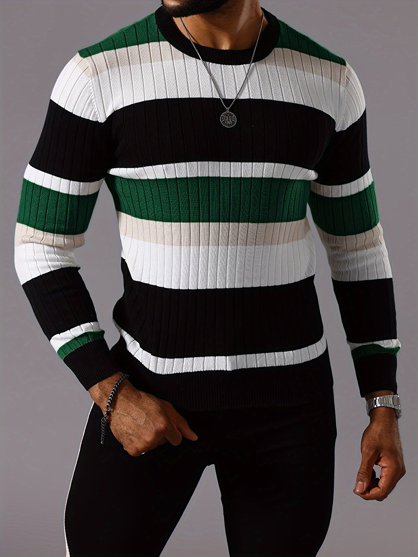 Men's Striped Color-Block Ribbed Knit Sweater - Long Sleeve Round Neck Pullover with Elastic Comfort Fit, Machine Washable Casual Fall Winter Top in Black/White/Green/Beige, Knit Sweater, Medium Elasticity