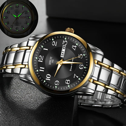 DEBLVE Men'S Fashionable Stainless Steel Watch with Luminous Numbers, Calendar & Week Display - Quartz Movement, Business Style, Ideal for Travel & Daily Use
