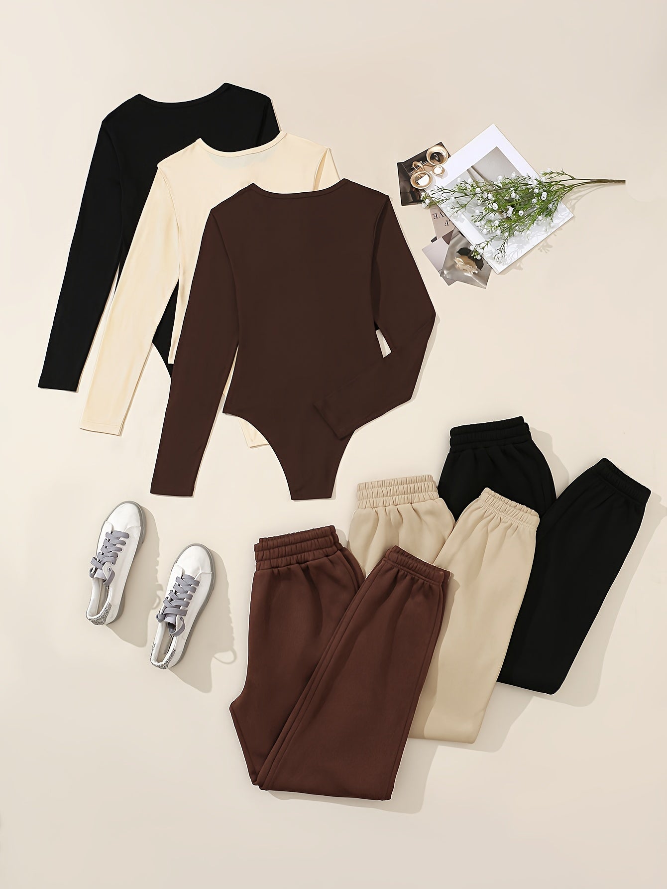 6pcs Casual Solid Color Polyester Knit Bodysuits and Sweatpants Set with Crew Neck - Stretch-Fit Comfort for All Seasons