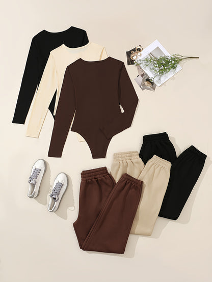 6pcs Casual Solid Color Polyester Knit Bodysuits and Sweatpants Set with Crew Neck - Stretch-Fit Comfort for All Seasons