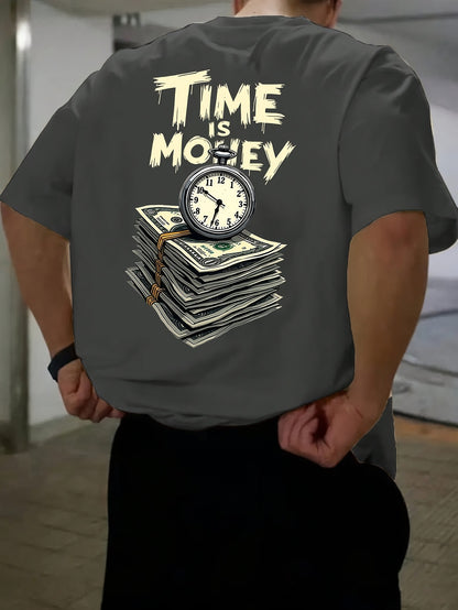 Men'S Casual Short Sleeve T-Shirt with "Time is Money" Clock & Stack of Cash Graphic - Lightweight Polyester, Loose Fit, Round Neck, Perfect for Spring & Summer Outdoor Wear, Relaxed Fit Shirt | Bold Graphic Tee | Glossy Text