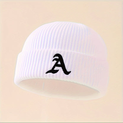 1pc Unisex Classic Brimless Hat With Adjustable Rolled Cuff, Simple Letter Pattern Knitted Hat, Suitable For Winter Daily Wear