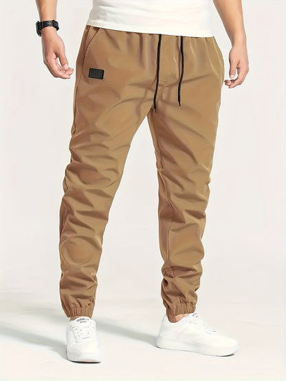 Men's Solid Color Drawstring Cargo Pants - Casual, Loose Fit with Multiple Pockets, Machine Washable