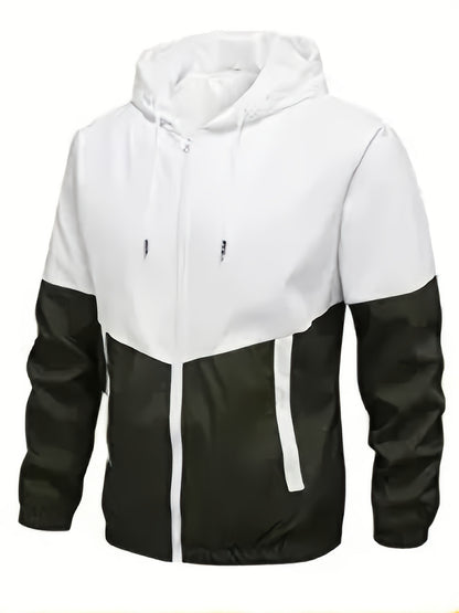 Men's Spring Autumn Outdoor Sports Training Casual Color Block Stitched Hoodie Adjustable Set Home Top and Pants Fashionable Windproof Jacket Pants Two-Piece Suit