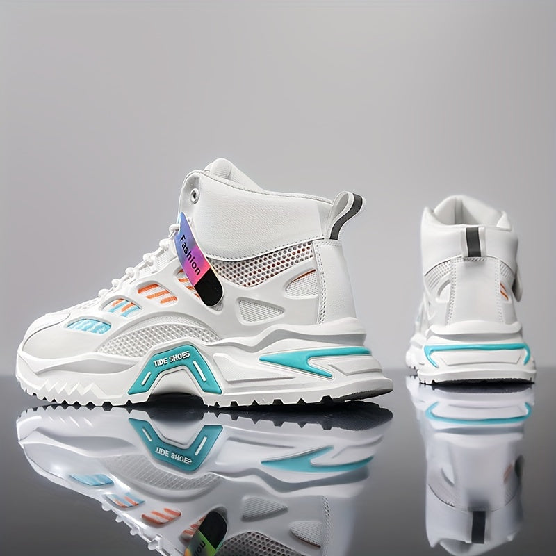 Fashion Mid-Top Sneakers for Men - Casual Street Style Athletic Shoes with Graphic Pattern, Lace-Up Closure, All-Season Round Toe Trainers with PU Upper, Fabric Lining & Insole, Anti-Slip PVC Sole