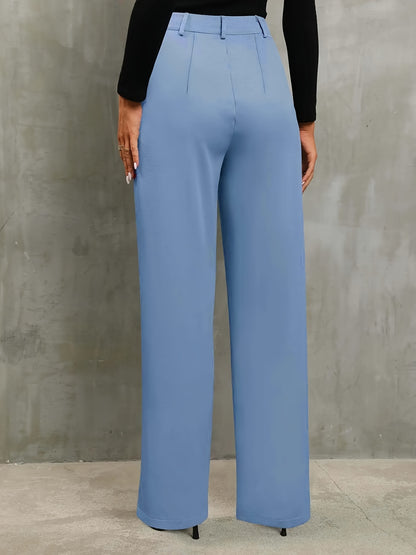 Women's Elegant High-Waist Light Blue Straight-Leg Pants - Polyester, Machine Washable, Faux Pocket Detail, Ideal for Fall/Winter, Autumn Winter Clothing | Elegant Casualwear | Smooth Texture