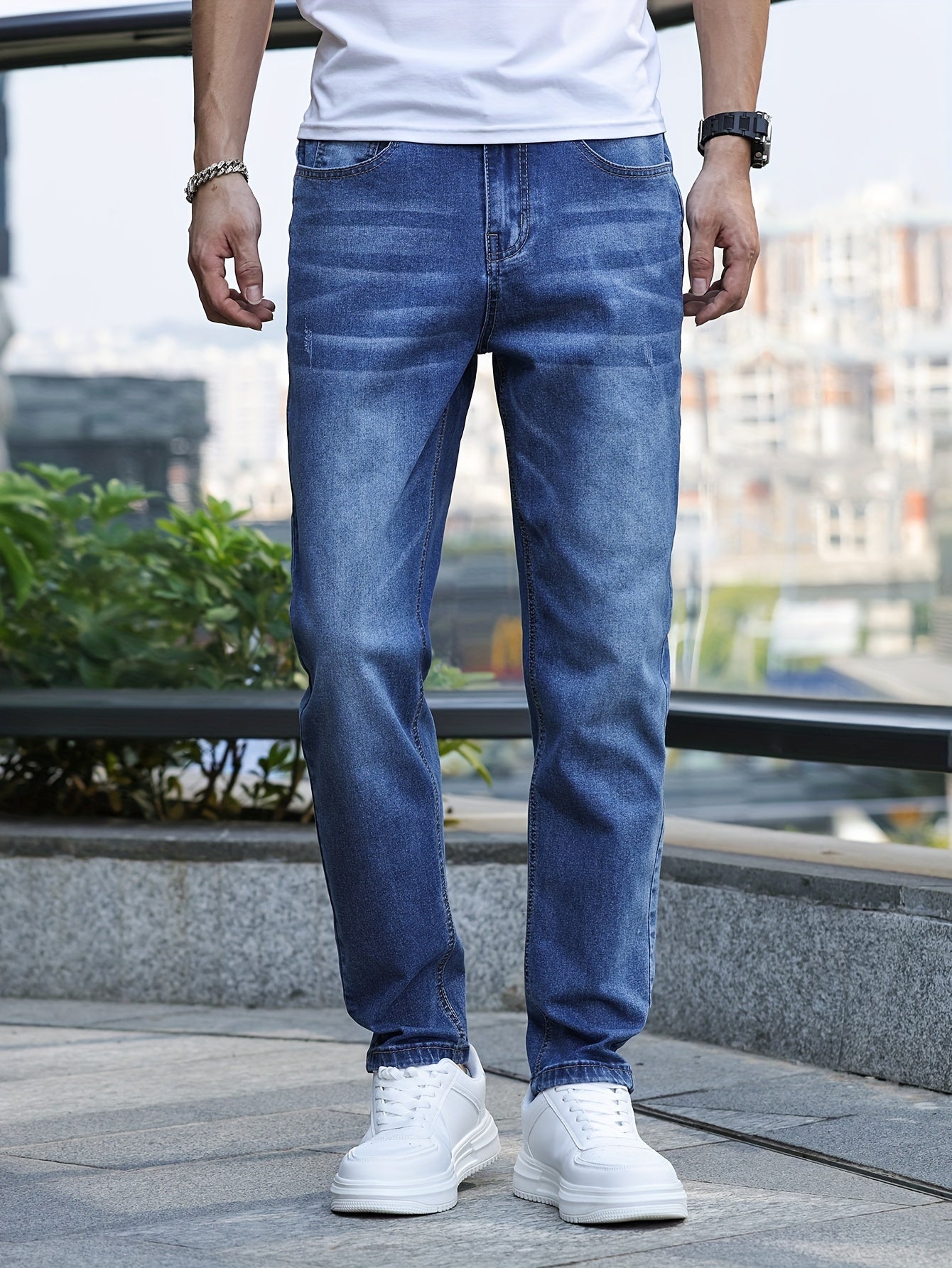 Men's Solid Skinny Cotton Blend Denim Jeans, All Seasons Wearable Medium Stretch Washed Jeans, Suitable For Daily And Outing Wear