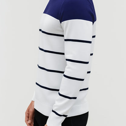 Men's Slim-Fit Striped Knit Sweater - All-Season Business Casual & Casual Attire, Navy Blue/White Horizontal Stripes with Contrast Trim, Round Neck Long Sleeve Pullover, Multi-Color Options (Black/Beige/Light Brown/Navy) - Co