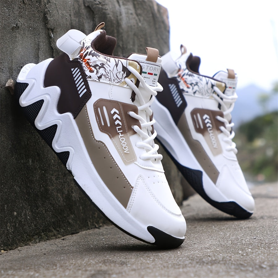 Men's High-Top Basketball Sneakers, Preppy Street Style, Solid Color with Cartoon & Stripes, All-Season Lace-Up Sports Shoes, Faux Upper, Fabric Inner, Rubber Sole, for Running, Hiking & Casual Wear, Outdoor Activities Shoes