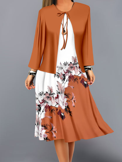 Fashion Women's solid color small cardigan and floral print patchwork dress two-piece set