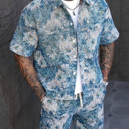 Men'S Summer Casual Short Sleeve Shirt & Shorts Set - Tropical Print, Loose Fit, Button-Up with Collar, Lightweight Polyester Fabric for Outdoor & Leisure Activities, Summer Casual Wear | Tropical Print Shirt | Lightweight Fa