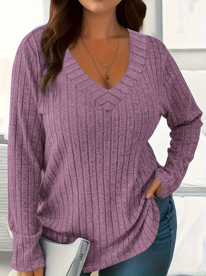Women's Loose Fit V-Neck Polyester T-Shirt With Soft And Breathable Fabric, All-Season Casual Long Sleeve Tee, Machine Washable