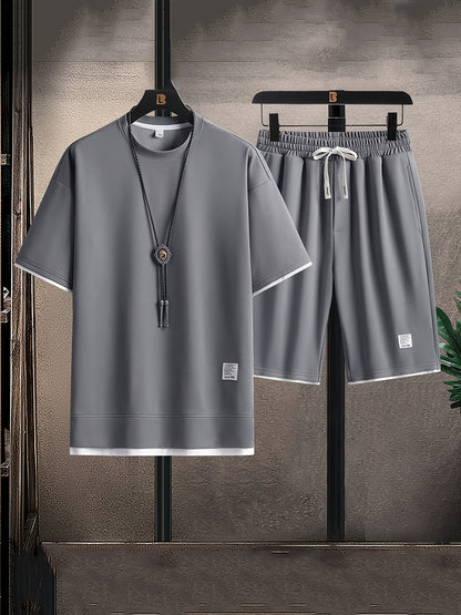 Waffle Grid Men's Trendy Round Neck T-shirt Breathable Casual Sports Suit Loose Two-Piece Set