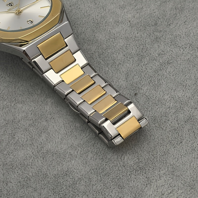 Elegant Men's Quartz Watch - Luminous Hands, Golden-Tone Dial with Stainless Steel Band, Date Display, Business Style, Non-Rechargeable Battery