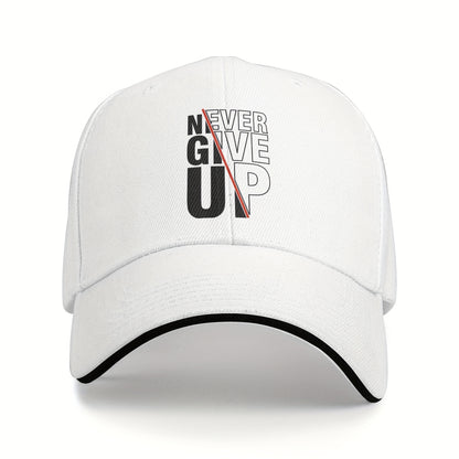 1 Pack Never Give Up Print Baseball Cap - Adjustable Snapback Dad Hat with Breathable Mesh Back, Funky Unisex Trucker Hat for Outdoor Fishing Driving, Black with White & Red Lettering, One Size Fits Most (53.34-63.5 cm)