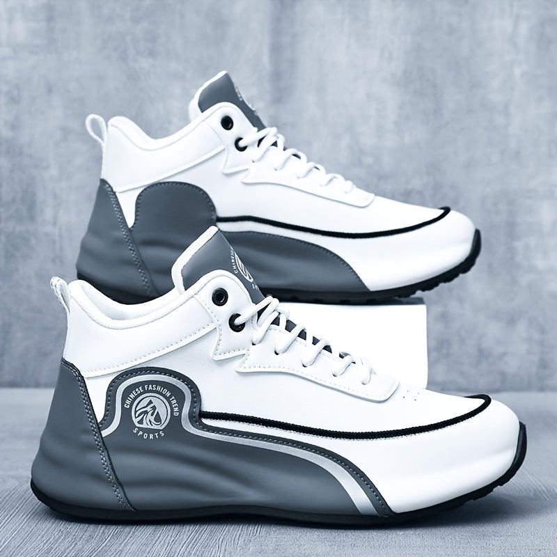 Men'S Lightweight Breathable Running Shoes - Classic Low-Top Design with Thick Cushioned Sole, White & Navy Blue Striped & Graphic Pattern, Lace-Up Closure for Hiking, Casual & Outdoor Wear - Spring/Fall Fashion Sneakers, Hik