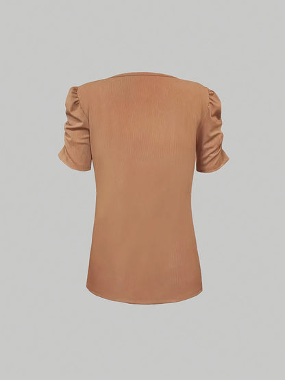 Women'S Stretchy V-Neck Ribbed Crop Top - Beige Casual Summer Blouse with Puff Sleeves, High Waist White Pants & Golden Belt, Stylish Layering Piece, Crop Top Blouse