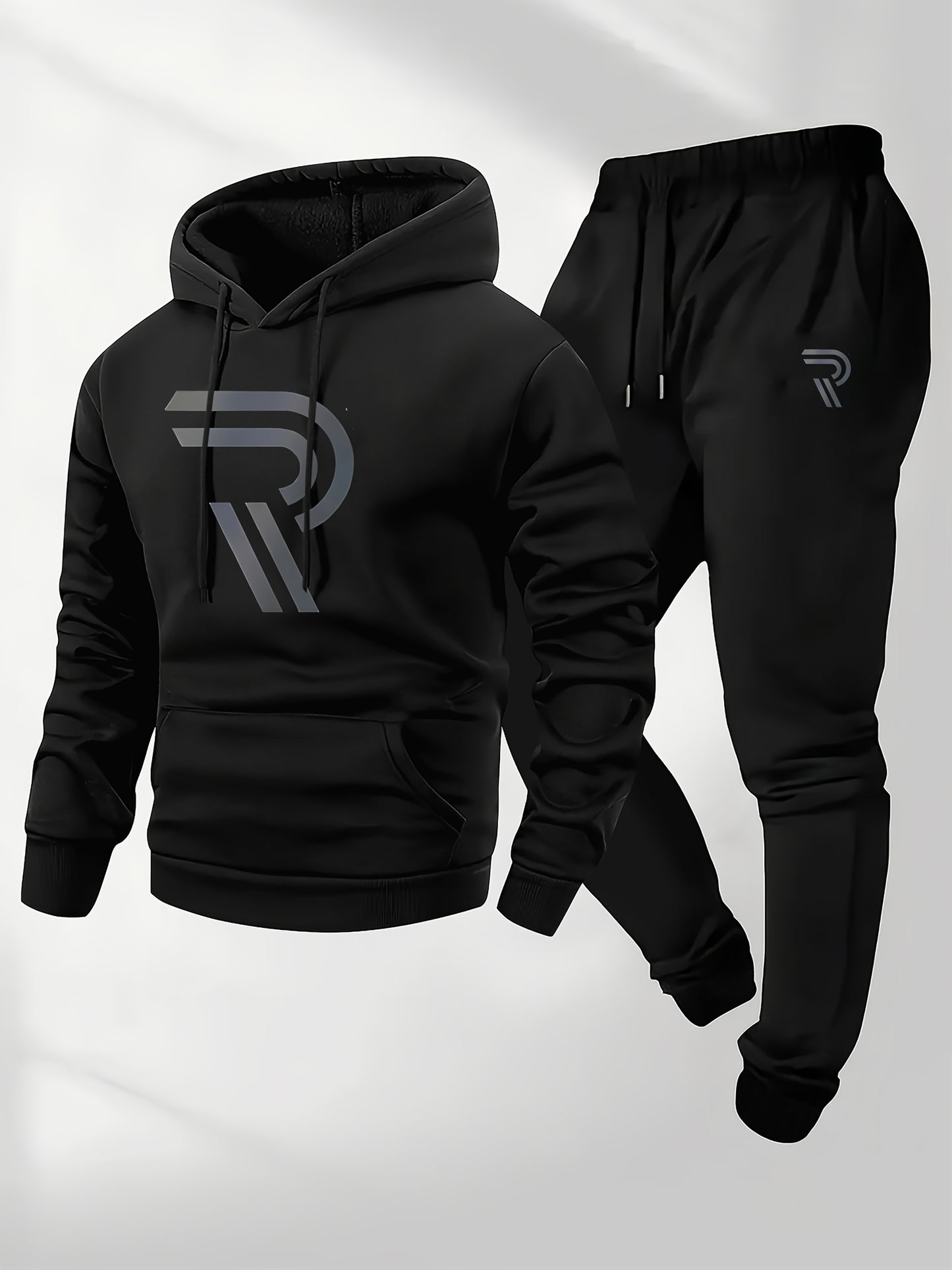 Men'S Sporty Two-Piece Hoodie and Pants Set - Gray with Black Logo, Non-Stretch Fabric, Regular Fit, Pockets, Ideal for Fall/Winter, Casual Wear|Hooded Sweatshirt|Pocketed Pants, Sweater Hoodie