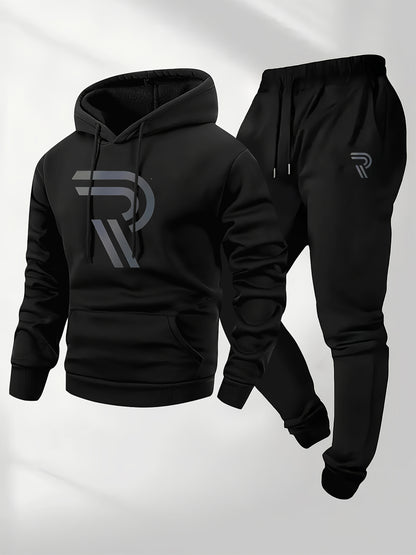 Men'S Sporty Two-Piece Hoodie and Pants Set - Gray with Black Logo, Non-Stretch Fabric, Regular Fit, Pockets, Ideal for Fall/Winter, Casual Wear|Hooded Sweatshirt|Pocketed Pants, Sweater Hoodie