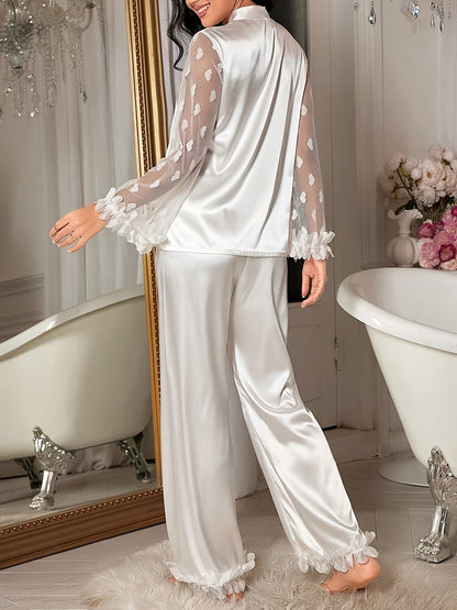 Women'S 3D Lace Heart Mesh Wooden Flower Cuff Long Sleeve Pajama Set with Ruffle Hem, Solid Color, All-Season Comfort, Long Length Pants, Spaghetti Strap Collar, Placket Closure