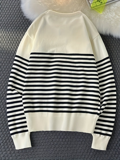 Striped Crew Neck Pullover Sweater, Casual Long Sleeve Versatile Sweater, Women's Clothing
