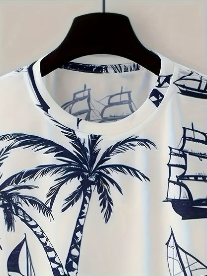 Men's 2025 Summer New Short Sleeve Shorts Set: Beach Casual 3D Coconut Tree Print, 2pcs Fashionable Palm Pattern T-Shirt and Shorts with Slight Stretch Polyester Knit Fabric, Slim Fit for Outdoor Activities & Family Gathering