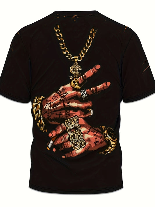 Men's Hands Print T-shirt, Casual Short Sleeve Crew Neck Tee, Men's Clothing For Outdoor
