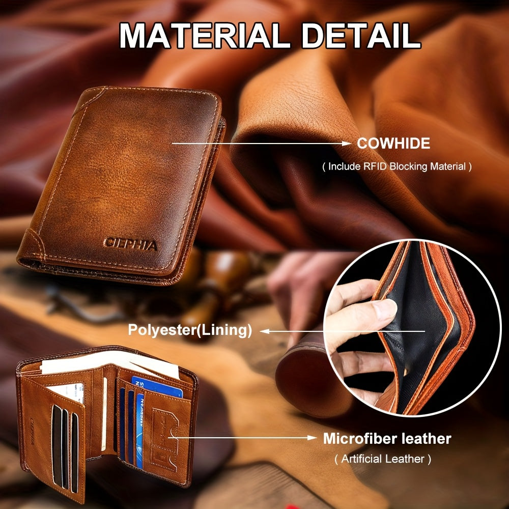 1pc CIEPHIA Vintage Genuine Leather RFID Blocking Wallet for Men - Slim, Multi-Functional ID & Credit Card Holder, Deep Brown with Embossed Logo, Ideal Gift for Valentine's Day