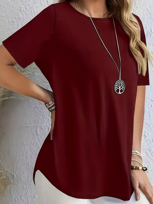 Women's Elegant Solid Color Short Sleeve T-Shirt with Back Button Detail - Loose Fit Casual Spring/Summer Top, Machine Washable, Polyester Blend, Maroon, Spring Fashion Wear | Solid Color Blouse | Glossy Fabric, Ladies T Shir