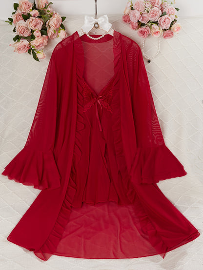 Sexy Mesh Semi-Sheer Strap+Cute Ruffle Long Sleeve Lightweight Mesh Outerwear Pajama Set